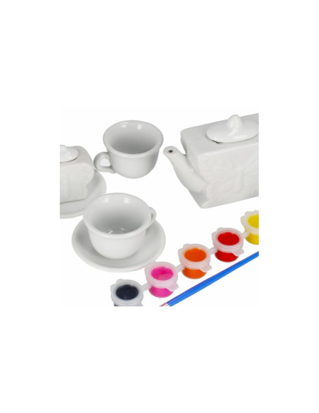 J1403,Set de ceai - pentru pictat - ceramica, 15 piese, acurele si pensula incluse, MegaCreative 501294, 3+ ani
