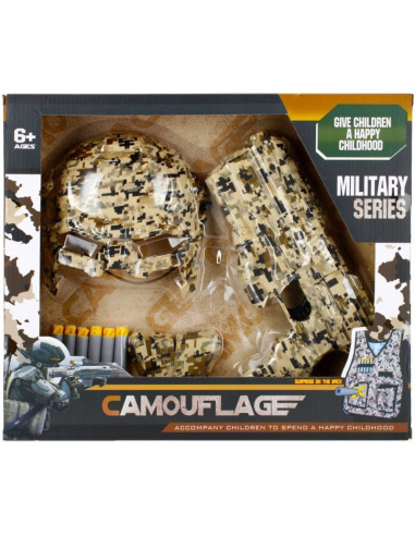 J1522,Set militar - pistol cu munitie si echipament de camuflaj - 17 piese, MegaCreative 482733, 6+ ani