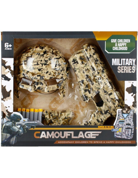 J1522,Set militar - pistol cu munitie si echipament de camuflaj - 17 piese, MegaCreative 482733, 6+ ani