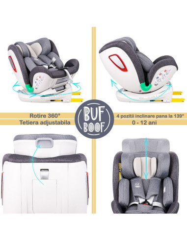 906Platinum_Grey,Scaun auto Platinum Deluxe i-Size Buf Boof cu isofix rotativ 360 grade Top Tether SIPS 40-150 cm 0-36 kg Grey