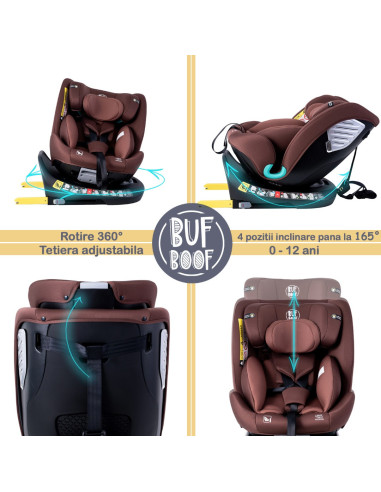 Saphir_Coffee,Scaun Auto Saphir DELUXE BUF BOOF iSIZE Coffee cu Isofix pozitie somn 165 grade rotativ 360 grade 40-150 cm