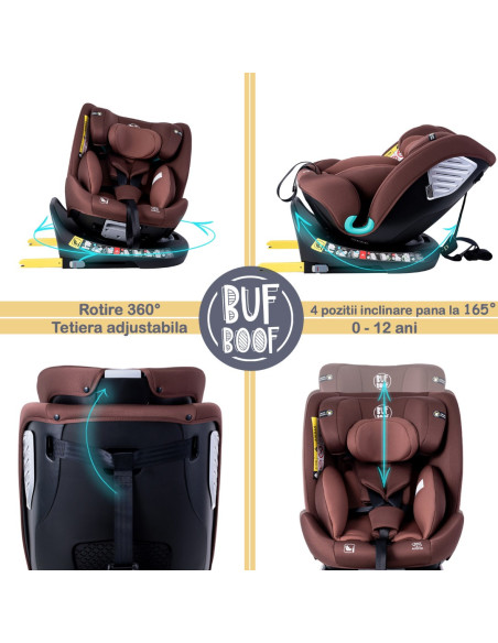 Saphir_Coffee,Scaun Auto Saphir DELUXE BUF BOOF iSIZE Coffee cu Isofix pozitie somn 165 grade rotativ 360 grade 40-150 cm