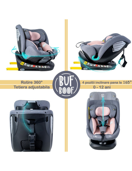 Saphir_Pink,Scaun Auto Saphir DELUXE BUF BOOF iSIZE Pink cu Isofix pozitie somn 165 grade rotativ 360 grade 40-150 cm