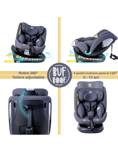 Saphir_Grey,Scaun Auto Saphir DELUXE BUF BOOF iSIZE Grey cu Isofix pozitie somn 165 grade rotativ 360 grade 40-150 cm