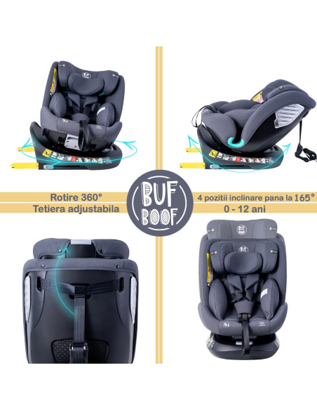 Saphir_Grey,Scaun Auto Saphir DELUXE BUF BOOF iSIZE Grey cu Isofix pozitie somn 165 grade rotativ 360 grade 40-150 cm