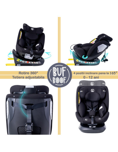 Saphir_Black,Scaun Auto Saphir DELUXE BUF BOOF iSIZE Black cu Isofix pozitie somn 165 grade rotativ 360 grade 40-150 cm