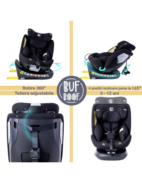 Saphir_Black,Scaun Auto Saphir DELUXE BUF BOOF iSIZE Black cu Isofix pozitie somn 165 grade rotativ 360 grade 40-150 cm
