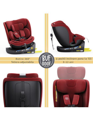 B.Joy_Red,Scaun Auto B-Joy DELUXE BUF BOOF iSIZE Red cu Isofix pozitie somn 155 grade rotativ 360 grade 40-150 cm
