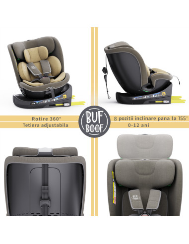 B.Joy_LightBrown,Scaun Auto B-Joy DELUXE BUF BOOF iSIZE LightBrown cu Isofix pozitie somn 155 grade rotativ 360 grade 40-150 cm