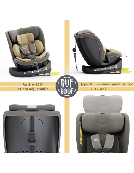 B.Joy_LightBrown,Scaun Auto B-Joy DELUXE BUF BOOF iSIZE LightBrown cu Isofix pozitie somn 155 grade rotativ 360 grade 40-150 cm