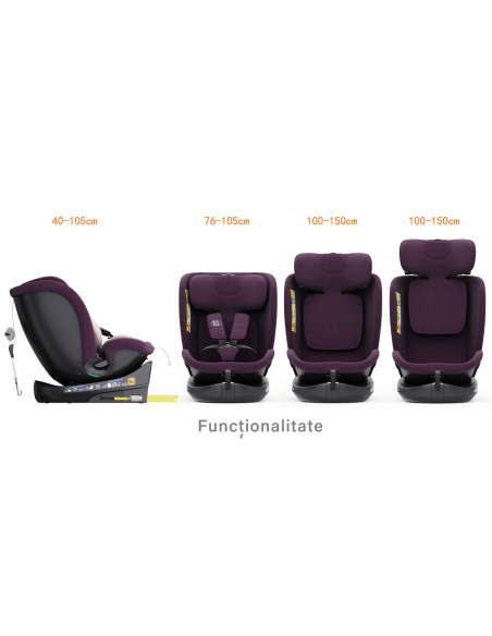B.Joy_Purple,Scaun Auto B-Joy DELUXE BUF BOOF iSIZE Purple cu Isofix pozitie somn 155 grade rotativ 360 grade 40-150 cm
