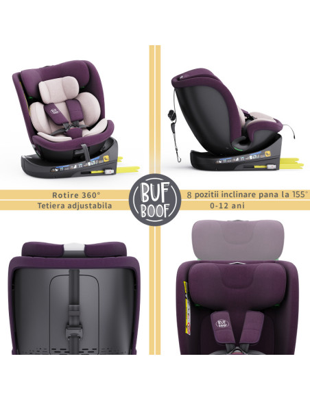 B.Joy_Purple,Scaun Auto B-Joy DELUXE BUF BOOF iSIZE Purple cu Isofix pozitie somn 155 grade rotativ 360 grade 40-150 cm