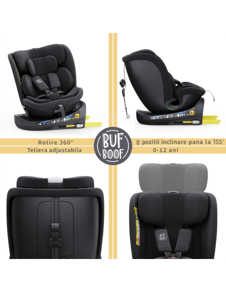 B.Joy_Black,Scaun Auto B-Joy DELUXE BUF BOOF iSIZE Black cu Isofix pozitie somn 155 grade rotativ 360 grade 40-150 cm