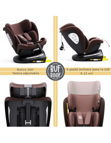 iSizeTWT_Coffee,Scaun Auto TWT Plus DELUXE BUF BOOF iSIZE Coffee cu Isofix rotativ 360 grade 40-150 cm