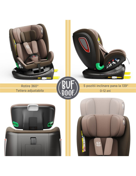 906Platinum_Coffee,Scaun auto Platinum Deluxe i-Size Buf Boof cu isofix rotativ 360 grade Top Tether SIPS 40-150 cm 0-36 kg Coff