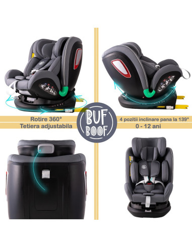 906Platinum_SimpleGrey,Scaun auto Platinum Deluxe i-Size Buf Boof cu isofix rotativ 360 grade Top Tether SIPS 40-150 cm 0-36 kg 