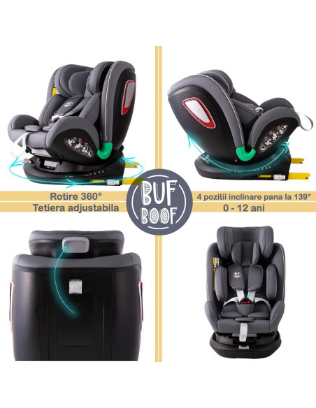 906Platinum_SimpleGrey,Scaun auto Platinum Deluxe i-Size Buf Boof cu isofix rotativ 360 grade Top Tether SIPS 40-150 cm 0-36 kg 