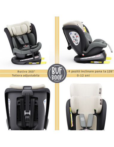 iSizeTWT_MandaraGrey,Scaun Auto TWT Plus DELUXE BUF BOOF iSIZE MandaraGrey cu Isofix rotativ 360 grade 40-150 cm