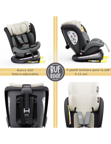 iSizeTWT_MandaraGrey,Scaun Auto TWT Plus DELUXE BUF BOOF iSIZE MandaraGrey cu Isofix rotativ 360 grade 40-150 cm