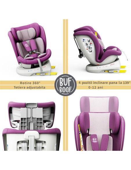 iSizeTWT_Purple,Scaun Auto TWT Plus DELUXE BUF BOOF iSIZE Purple cu Isofix rotativ 360 grade 40-150 cm