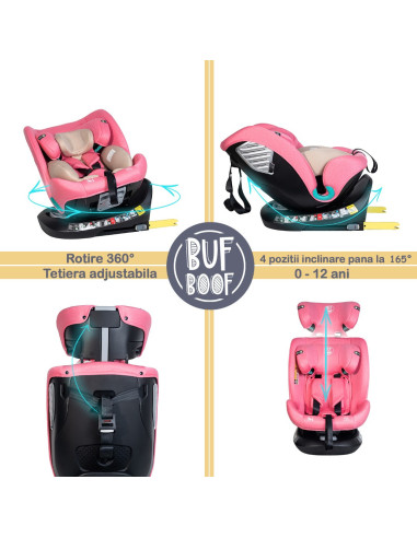Saphir_UnicornPink,Scaun Auto Saphir DELUXE BUF BOOF iSIZE UnicornPink cu Isofix pozitie somn 165 grade rotativ 360 grade 40-150