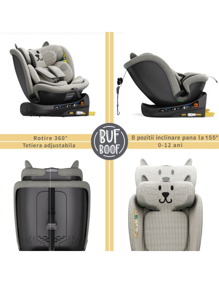 B.Joy_LightGreyCAT,Scaun Auto B-Joy DELUXE BUF BOOF iSIZE LightGreyCAT cu Isofix pozitie somn 155 grade rotativ 360 grade 40-150
