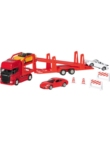 GOKI12327,Camion die-cast transportor de masini Scania V8, scara 1 la 60-64, lungime 29 cm