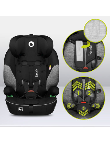 BN-LO-LEVI_I-SIZE_BLACK_GREY,Scaun auto, Lionelo, Levi i-Size, Universal, Instalare FWF, Cu tetiera reglabila in 10 pozitii, Cu 