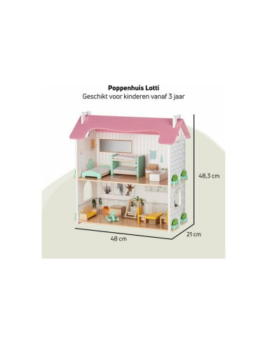 BN-85017,Casuta de papusi, Free2Play, Din lemn, Cu 11 piese de mobilier, Cu acces facil, 48,3 x 21 x 48 cm, 36 luni+, Multicolor