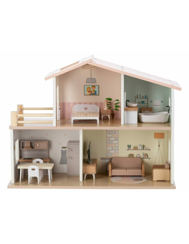 BN-85147,Casuta de papusi, Free2Play, Din lemn, Cu 13 piese de mobilier, Cu acces facil, 52 x 19,5 x 40 cm, 36 luni+, Multicolor