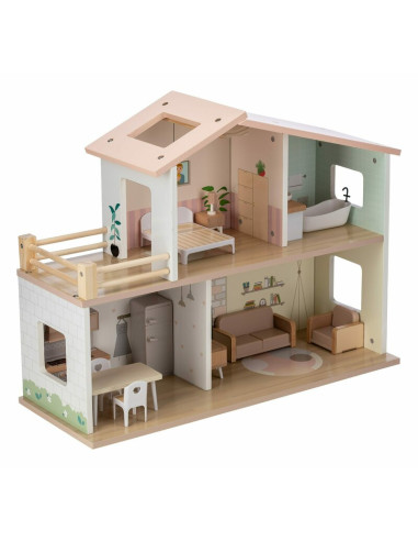 BN-85147,Casuta de papusi, Free2Play, Din lemn, Cu 13 piese de mobilier, Cu acces facil, 52 x 19,5 x 40 cm, 36 luni+, Multicolor