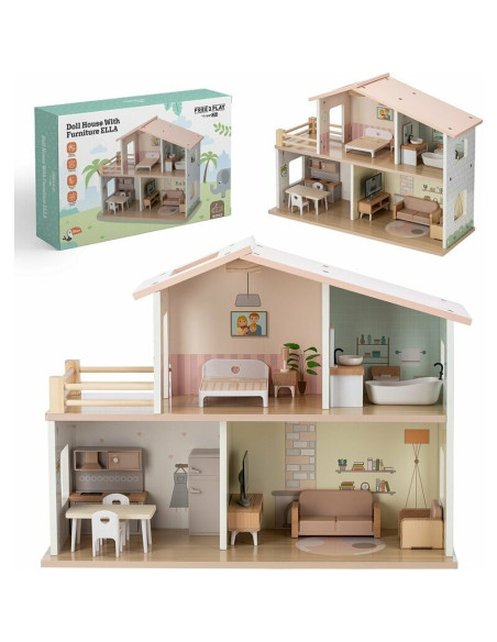 BN-85147,Casuta de papusi, Free2Play, Din lemn, Cu 13 piese de mobilier, Cu acces facil, 52 x 19,5 x 40 cm, 36 luni+, Multicolor