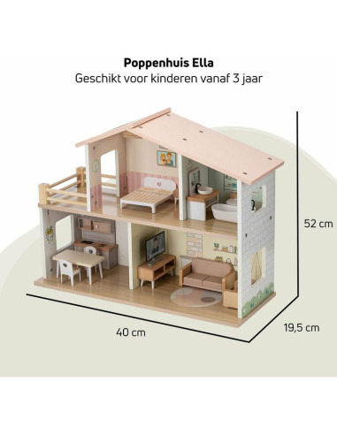 BN-85147,Casuta de papusi, Free2Play, Din lemn, Cu 13 piese de mobilier, Cu acces facil, 52 x 19,5 x 40 cm, 36 luni+, Multicolor
