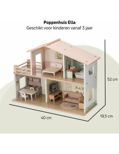 BN-85147,Casuta de papusi, Free2Play, Din lemn, Cu 13 piese de mobilier, Cu acces facil, 52 x 19,5 x 40 cm, 36 luni+, Multicolor