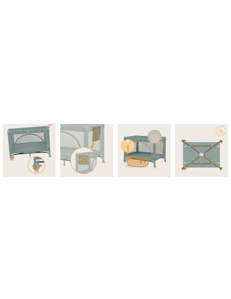 BN-LO-LAURA_GREEN_SAGE,Patut pliant, Lionelo, Laura, 102 x 74 cm, Cu doua nivele, Functie de tarc, Cu roti, Include salteluta si