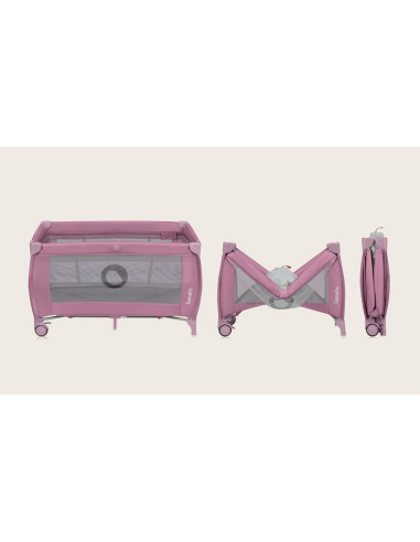 BN-LO-STEFI_PLUS_PINK_MAGNOLIA,Patut pliant, Lionelo, Stefi Plus, Cu doua nivele, Cu intrare laterala cu fermoar, 2 roti, 120 x 