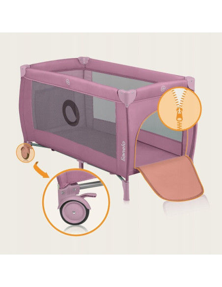 BN-LO-STEFI_PLUS_PINK_MAGNOLIA,Patut pliant, Lionelo, Stefi Plus, Cu doua nivele, Cu intrare laterala cu fermoar, 2 roti, 120 x 
