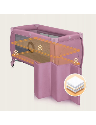 BN-LO-STEFI_PLUS_PINK_MAGNOLIA,Patut pliant, Lionelo, Stefi Plus, Cu doua nivele, Cu intrare laterala cu fermoar, 2 roti, 120 x 