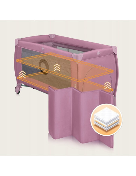 BN-LO-STEFI_PLUS_PINK_MAGNOLIA,Patut pliant, Lionelo, Stefi Plus, Cu doua nivele, Cu intrare laterala cu fermoar, 2 roti, 120 x 