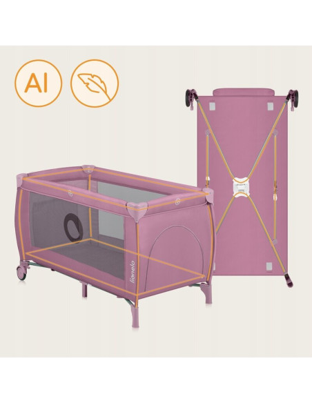 BN-LO-STEFI_PLUS_PINK_MAGNOLIA,Patut pliant, Lionelo, Stefi Plus, Cu doua nivele, Cu intrare laterala cu fermoar, 2 roti, 120 x 