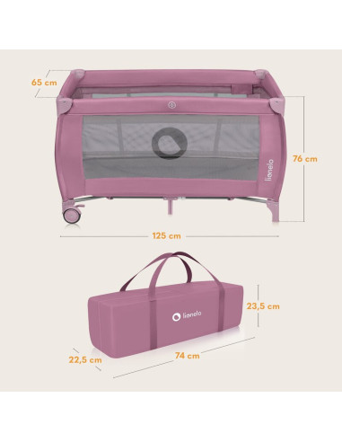 BN-LO-STEFI_PLUS_PINK_MAGNOLIA,Patut pliant, Lionelo, Stefi Plus, Cu doua nivele, Cu intrare laterala cu fermoar, 2 roti, 120 x 