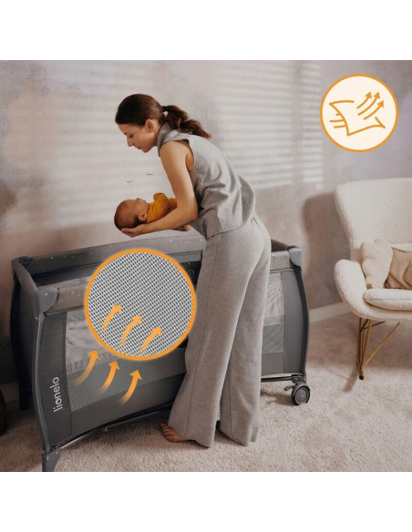 BN-LO-STEFI_PLUS_PINK_MAGNOLIA,Patut pliant, Lionelo, Stefi Plus, Cu doua nivele, Cu intrare laterala cu fermoar, 2 roti, 120 x 