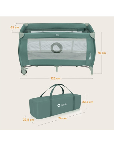 BN-LO-STEFI_PLUS_GREEN_OLIVE,Patut pliant, Lionelo, Stefi Plus, Cu doua nivele, Cu intrare laterala cu fermoar, 2 roti, 120 x 60