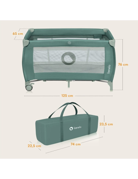 BN-LO-STEFI_PLUS_GREEN_OLIVE,Patut pliant, Lionelo, Stefi Plus, Cu doua nivele, Cu intrare laterala cu fermoar, 2 roti, 120 x 60