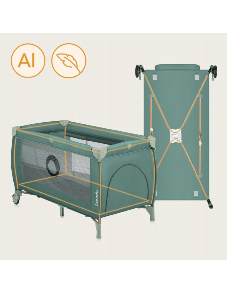 BN-LO-STEFI_PLUS_GREEN_OLIVE,Patut pliant, Lionelo, Stefi Plus, Cu doua nivele, Cu intrare laterala cu fermoar, 2 roti, 120 x 60