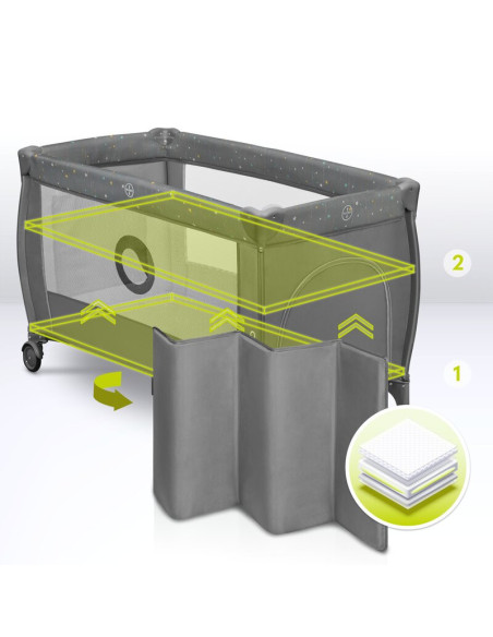 BN-LO-STEFI_PLUS_GREEN_OLIVE,Patut pliant, Lionelo, Stefi Plus, Cu doua nivele, Cu intrare laterala cu fermoar, 2 roti, 120 x 60