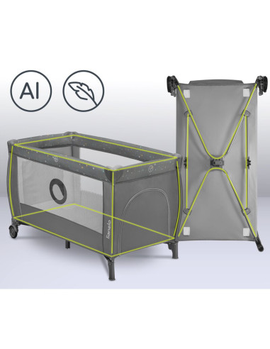BN-LO-STEFI_PLUS_GREEN_OLIVE,Patut pliant, Lionelo, Stefi Plus, Cu doua nivele, Cu intrare laterala cu fermoar, 2 roti, 120 x 60