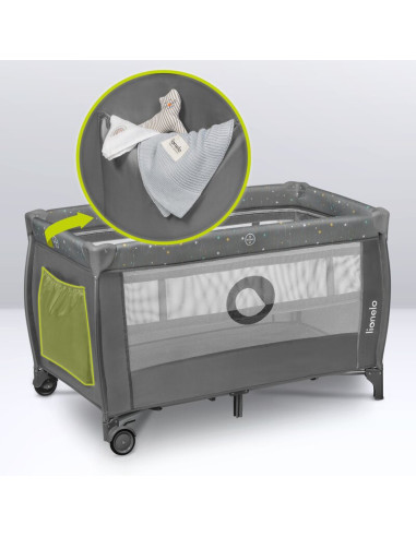 BN-LO-STEFI_PLUS_GREEN_OLIVE,Patut pliant, Lionelo, Stefi Plus, Cu doua nivele, Cu intrare laterala cu fermoar, 2 roti, 120 x 60