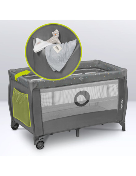 BN-LO-STEFI_PLUS_GREEN_OLIVE,Patut pliant, Lionelo, Stefi Plus, Cu doua nivele, Cu intrare laterala cu fermoar, 2 roti, 120 x 60