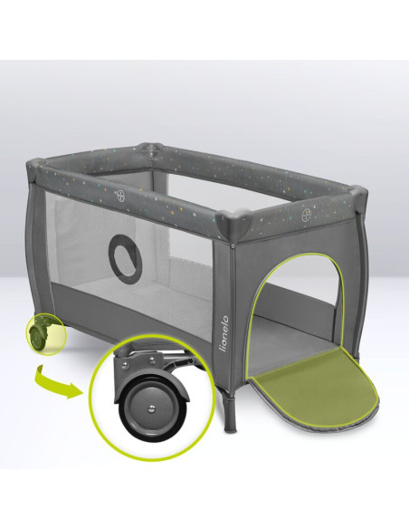 BN-LO-STEFI_PLUS_GREEN_OLIVE,Patut pliant, Lionelo, Stefi Plus, Cu doua nivele, Cu intrare laterala cu fermoar, 2 roti, 120 x 60